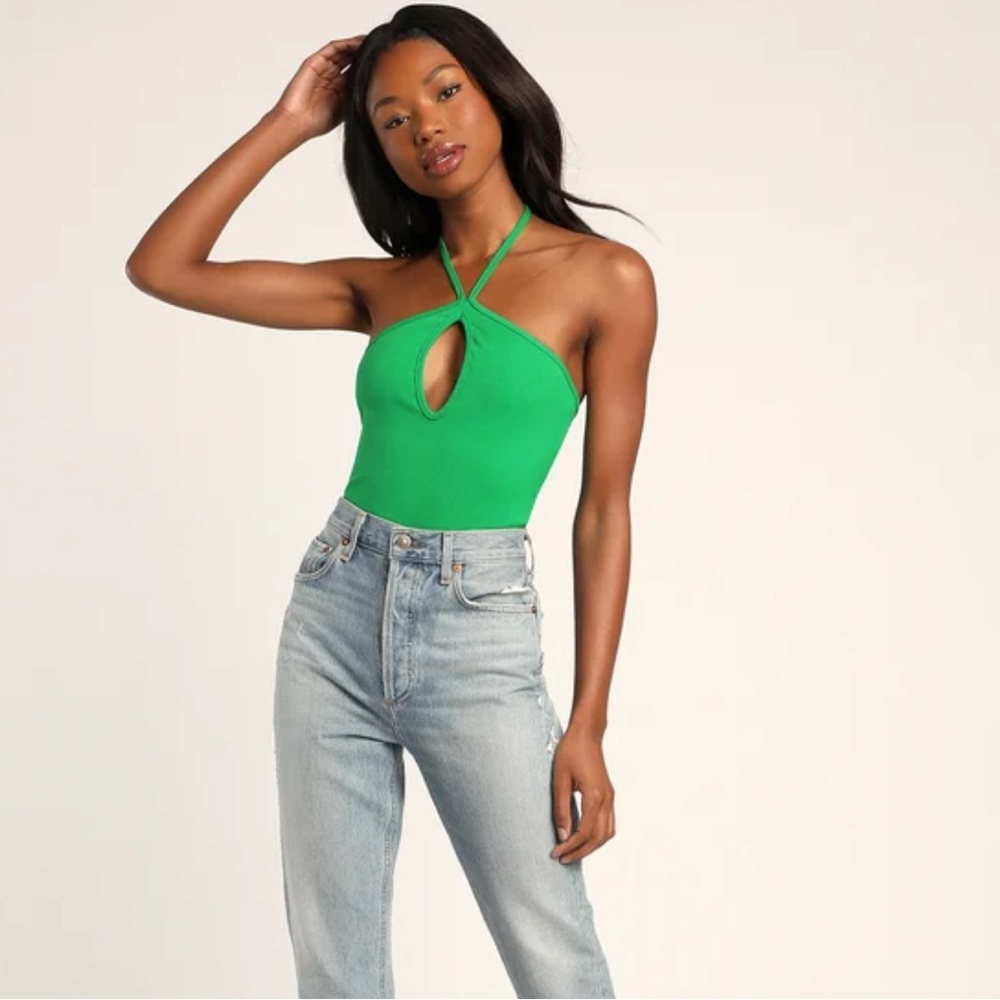 LULUS Green Ribbed Sleeveless Keyhole Bodysuit